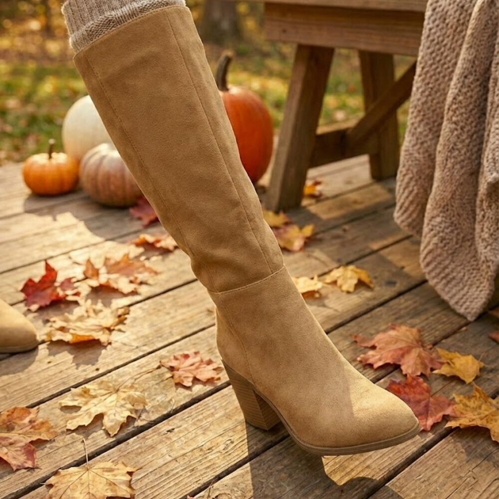 NWT SODA Camel Tan Faux Suede Knee High Boots 3.5" Block Heel Pointed Toe - Picture 3 of 6